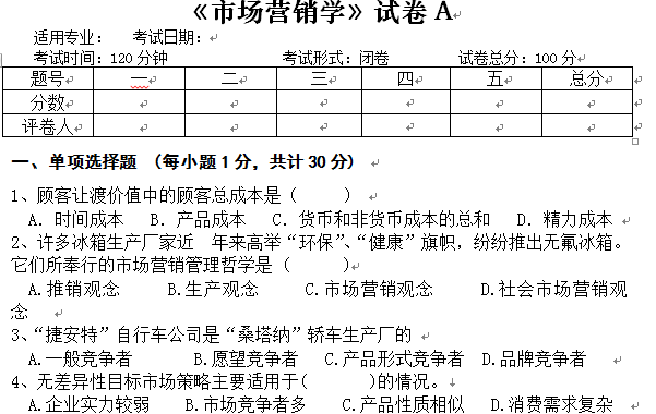 市场营销学试卷a及答案